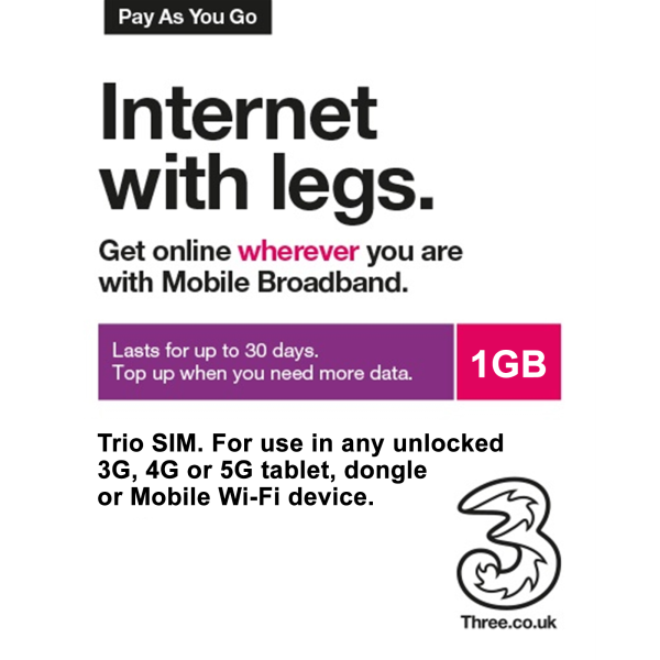 Three 3G, 4G & 5G-Ready Mobile Broadband (Prepaid 1GB) Trio Sim Card