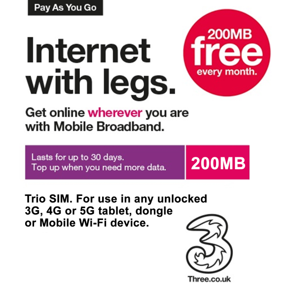 Three 3G, 4G & 5G-Ready Mobile Broadband (200MB Data Free Every Month) Trio Sim Card
