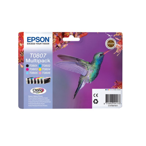 Epson T0807 (Hummingbird) Colour Original Ink Cartridges Multipack